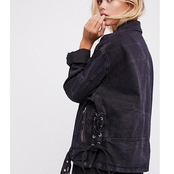Free People Black Denim Rebel Moto Style Jacket Corset Sides XS - Picture 2 of 9